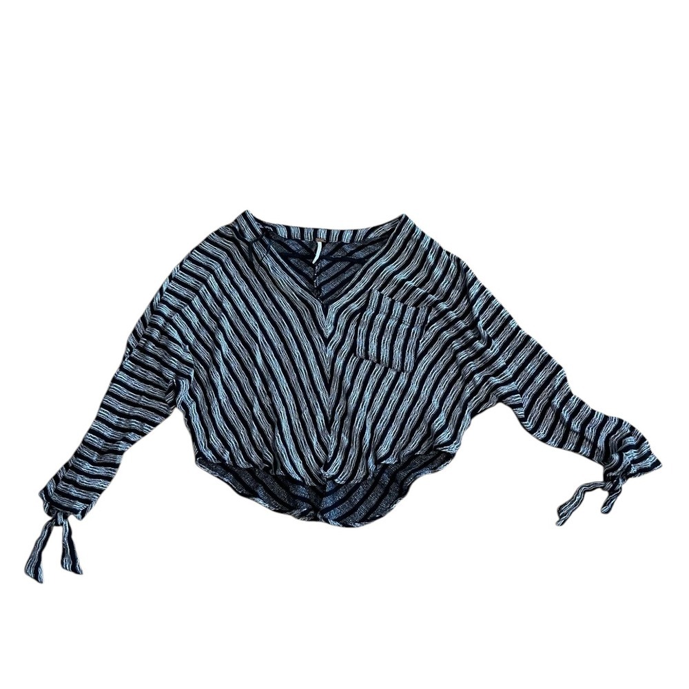 Free People Striped Blouse Tie Front Long Sleeve Top Casual Black M‎